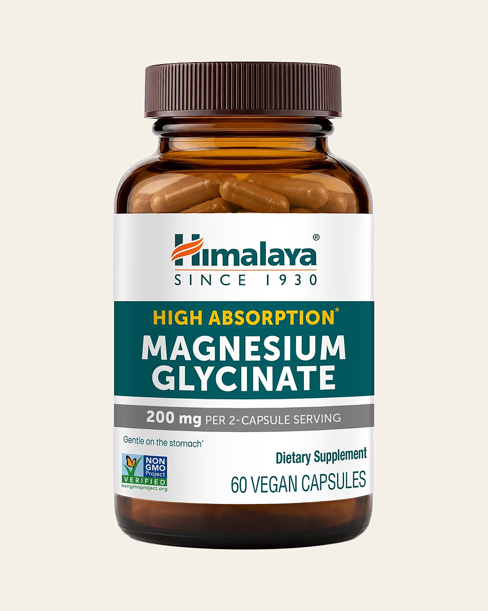 An amber Himalaya High Absorption Magnesium Glycinate bottle with a brown cap: 200 mg per 2-capsule serving, gentle on the stomach, Non-GMO Project Verified, 60 vegan capsules.