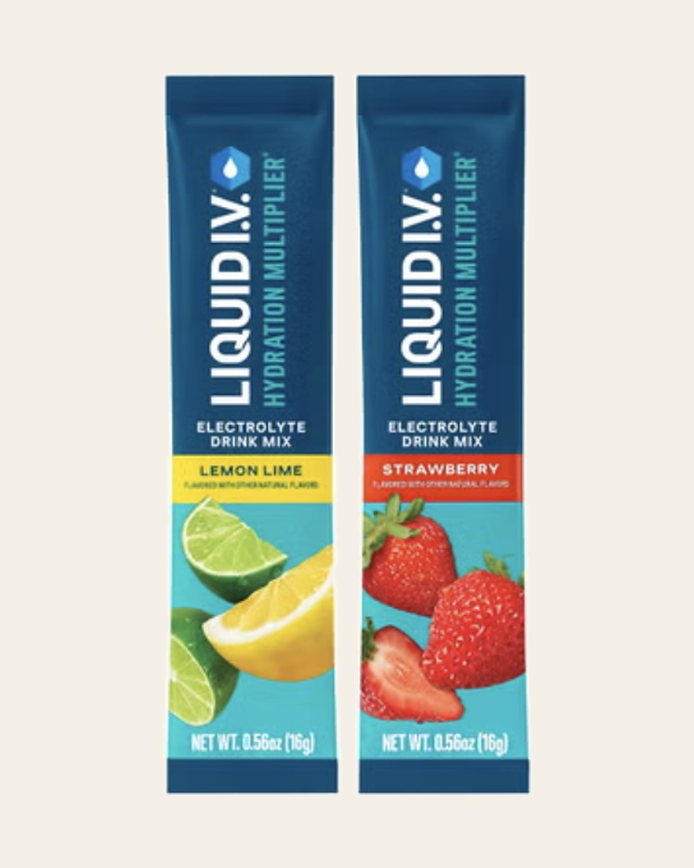 Two Liquid I.V. Hydration Multiplier sticks side by side — Lemon Lime and Strawberry — each 0.56 oz (16 g).