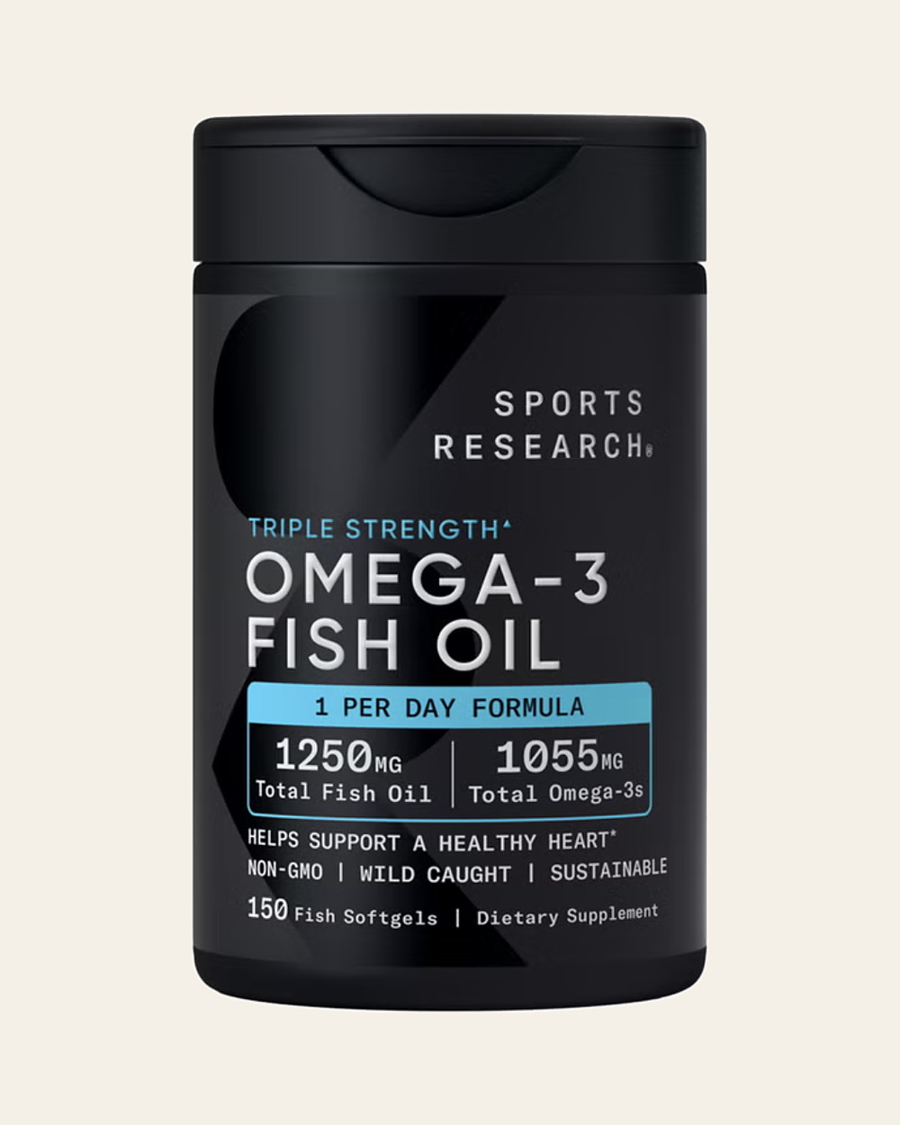A black Sports Research Triple Strength Omega-3 Fish Oil bottle: one per day formula, 1250 mg total fish oil, 1055 mg total omega-3s, non-GMO, wild caught, 150 fish softgels.